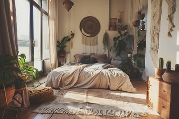 Sunlit bohemian bedroom with indoor plants, macrame wall decor, and cozy textiles for relaxation