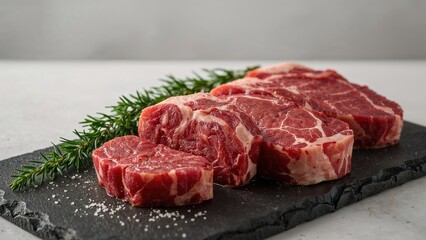 Fototapeta premium raw cuts of marbled beef on a black slate cutting board decorated with fresh rosemary and coarse sea salt on a light background