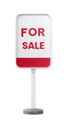 A rectangular sign with the words "FOR SALE" in bold red letters on a white background, mounted on a white pole with a round base.