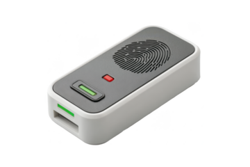 A small, rectangular fingerprint scanner device with a USB port and indicator lights designed for biometric authentication.