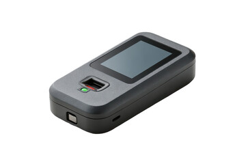 A compact biometric fingerprint scanner with a small display and indicator light designed for secure authentication.