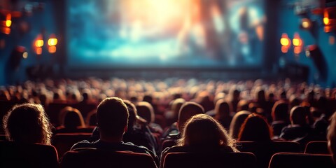 Audience Watching Movie in Theater with Cinematic Lighting and Blurred Crowd for Atmospheric Storytelling