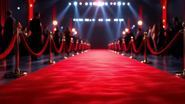 Elegant red carpet event with stanchions and bright spotlights creates a glamorous atmosphere