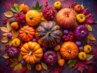 Photo of a vibrant topdown view of a colorful assortment of pumpkins gourds berries and autumn leaves arranged for fall decoration