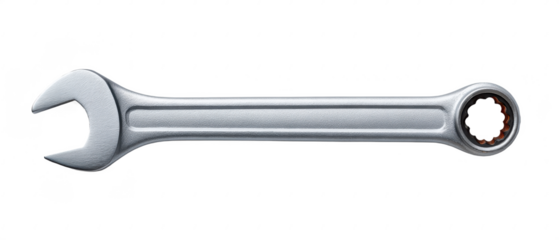 A metallic combination wrench featuring an open-end on one side and a box-end on the other, designed for gripping and turning bolts or nuts.