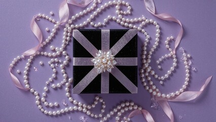 A present box alongside pearl jewelry