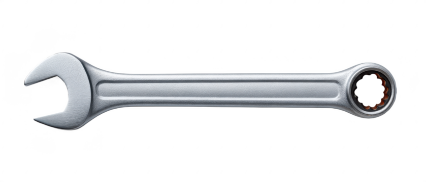 A metallic combination wrench featuring an open-end on one side and a box-end on the other, designed for gripping and turning bolts or nuts.
