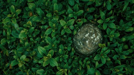 Merging stone elements with fresh leaves results in a beautiful, softly blurred gradient of green tones.