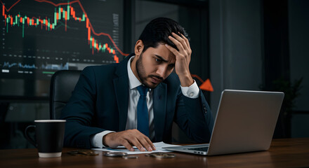 Stressed business man crypto trader broker investor analyzing stock exchange market crypto trading decreasing chart data fall down loss, desperate about losing money of crisis, recession, inflation.