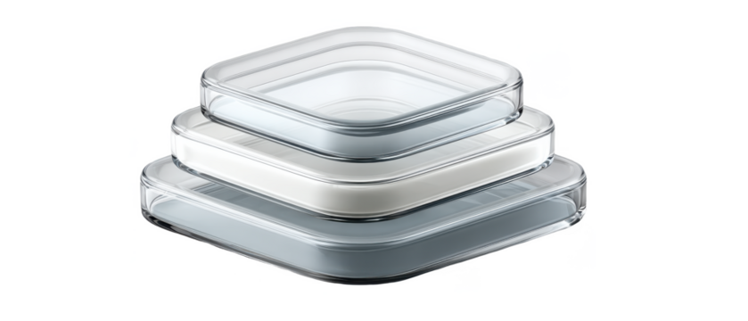 A stack of three transparent, square glass containers with rounded edges, arranged in descending size order.