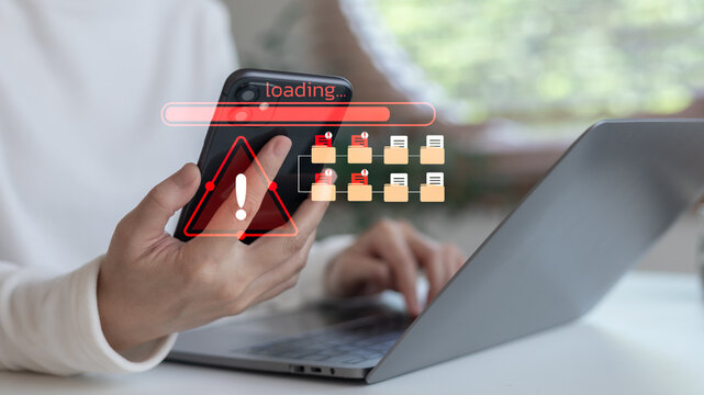 Smartphone warning alert with dangerous file icons and loading bar. Cybersecurity threat, malware infection, or system attack via mobile device concept. - Powered by Adobe