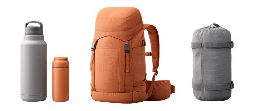 Three different-sized insulated containers including two bottles and one large backpack-style cooler bag, ideal for carrying beverages and food.