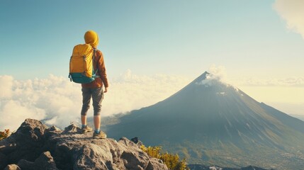Hiker contemplating majestic volcano landscape adventure travel photography