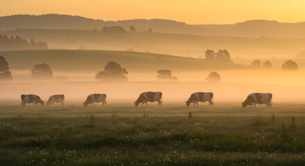 Cows Grazing in a Misty Meadow at Sunrise high quality