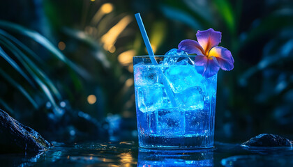 Glass with luminous blue cocktail, ice cubes, flower and straw, in a tropical rainforest environment at night
