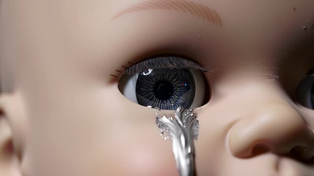 Liquid metal tears streaming from doll's eye in closeup emotional sequence