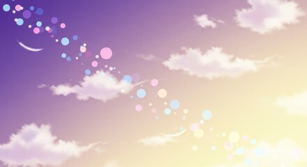 A dreamy purple sky features clouds pastel circles and two white feathers