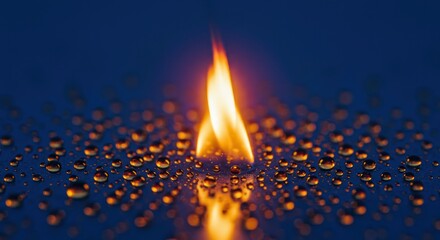 A flame burns atop a surface covered with reflective drops set against a deep blue background