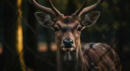 A stag with antlers stares intently its brown fur distinct against a blurred dark background