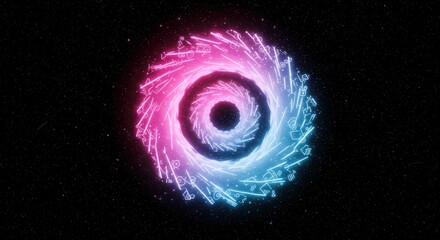 A swirling glowing circular vortex in pink and blue hues against a starry space background