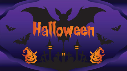 halloween vector wall background illustration with dark purple night shades and haunted house design