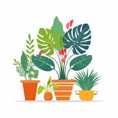 Potted flower vector illustration with green leaves and stem isolated on white background