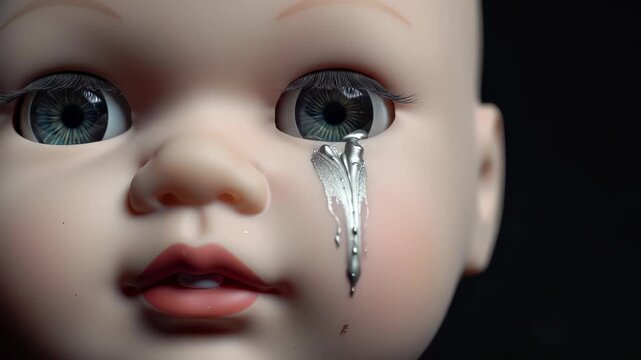 Creepy doll sheds metallic tear in eerie closeup sequence