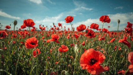 Obraz premium Snapshot of a lush meadow dotted with crimson poppy blossoms