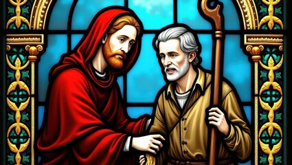 Naklejka premium Two figures in a stained glass window scene.