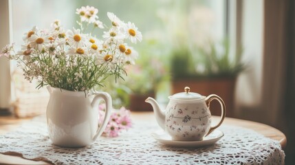 White daisies bouquet teapot still life soft light home decor