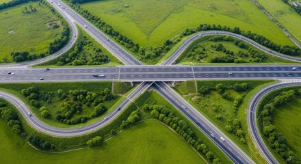 Aerial View of a Complex Highway Interchange Surrounded by Lush Green Fields