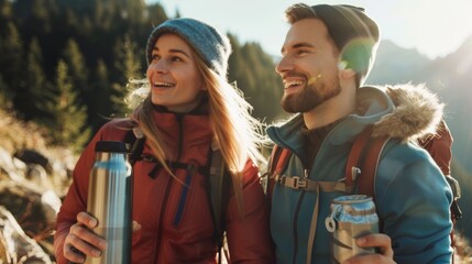 A couple on a hike happily shares a cacao water from a thermos taking in the beautiful views as they hydrate together.