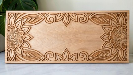 Boho Nursery Decorative wooden board with intricate floral carvings along the edges.