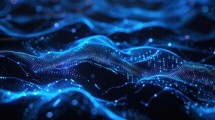 Quantum computing network background with glowing hexagonal patterns, technology cybersecurity backdrop for scientific presentation, luminous particles and blue data flow banner