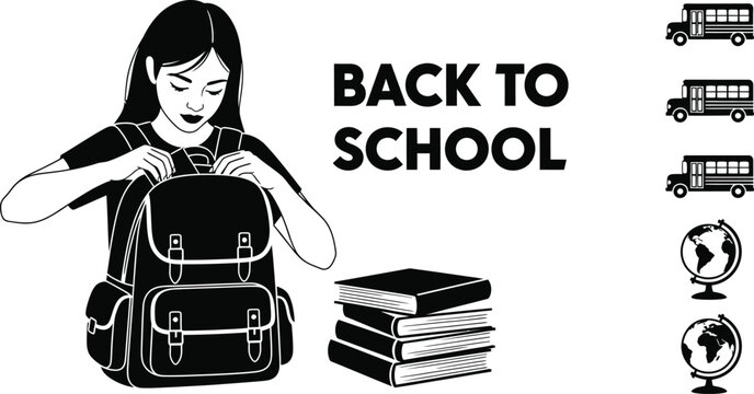 Vector art of a black and back to school illustration with student backpack books and school bus