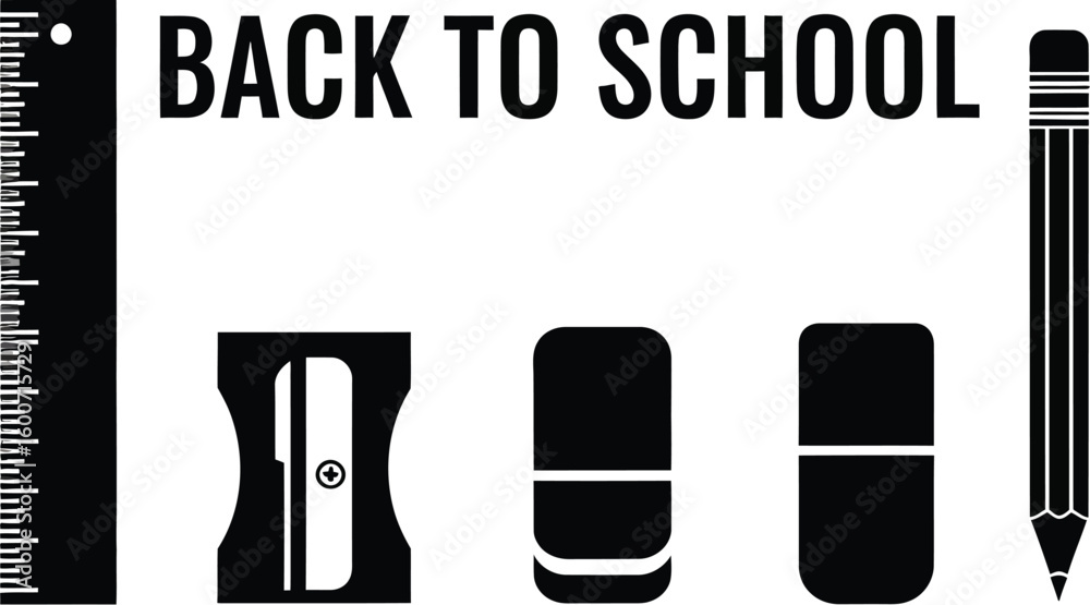 Fototapete Vector art of a black and design features school supplies such as a ruler pencil eraser and sharpener with back to school text