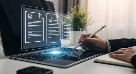 Person signing digital document on touchscreen representing electronic signature online agreement paperless contract or digital approval process
