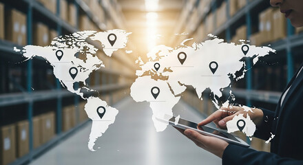 Network map with location pins connected by lines representing global logistics tracking delivery system or digital location based navigation infrastructure

