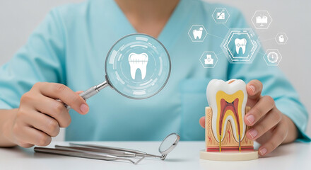 Healthcare worker examining tooth through magnifying glass representing dental health care oral examination or cavity detection concept
