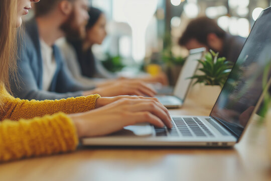 Close-up of hands typing on a laptop in a collaborative environment, surrounded by blurred students in background. Natural lighting and copy space for design overlay.
