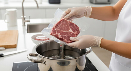 Person placing raw steak into metal pot representing food preparation meat cooking hygiene safety or kitchen handling process in culinary environment
