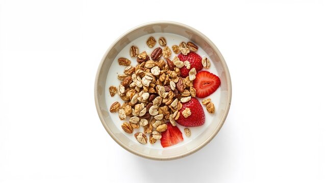 A ceramic bowl with natural yogurt, strawberries, nuts, and homemade granola isolated on white, captured from above. Focus on wholesome eating.