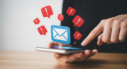 Hand touching smartphone with red dislike icons and blue email icon representing spam email rejection communication error or digital message disapproval
