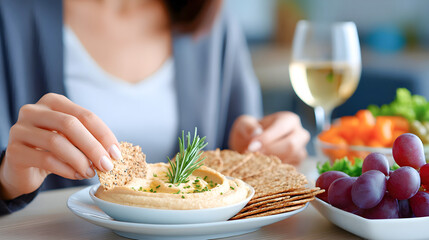 Woman enjoying a healthy snack of hummus with crackers, surrounded by fresh fruits and vegetables, with a glass of white wine, creating a vibrant dining atmosphere