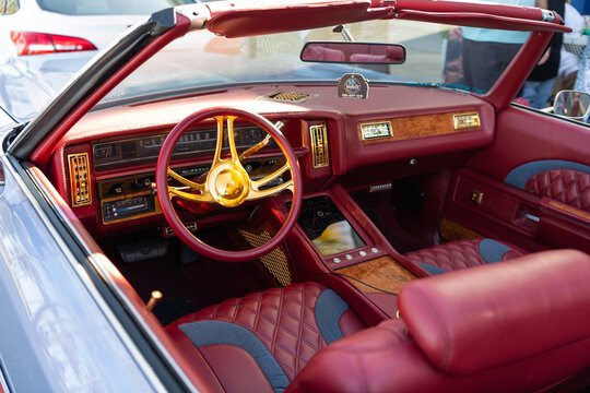 Miami, Florida, USA - April 07, 2025: Chevrolet Caprice retro convertible muscle car. Convertible retro car Chevrolet Caprice. Car Chevrolet Caprice parked outdoor. Blue classic Chevy, interior view.