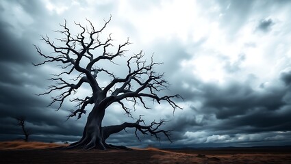 A solitary leafless tree stands against a backdrop of dramatic stormy clouds in a desolate landscape