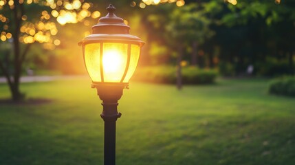 Illuminated lamppost in park at dusk warm yellow light green grass trees tranquil scene