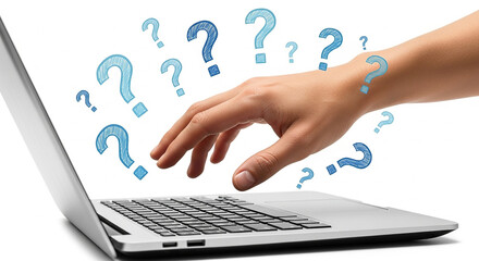 Female hand pointing at laptop with question marks representing confusion inquiry decision making or search for digital answers and guidance
