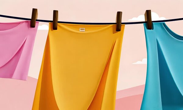 Colorful clothes drying on clothesline pastel background