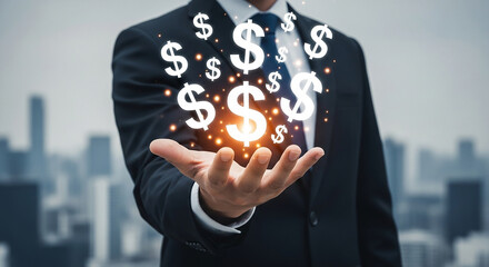Businessman holding floating dollar signs and glowing light representing financial success revenue growth currency power or online banking strategy
